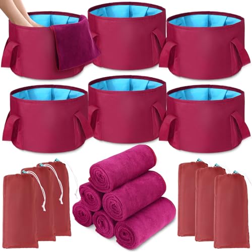 FillTouch 6 Set/ 12 Pcs Foot Soaking Tub with Towel Kit, Claret - color: Claret