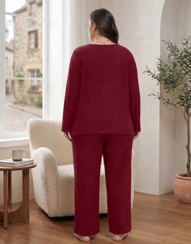 Plus Size Pajama Set for Women Long Sleeve Loose Fit Loungewear - color: Wine Red, size: 5X-Large Plus