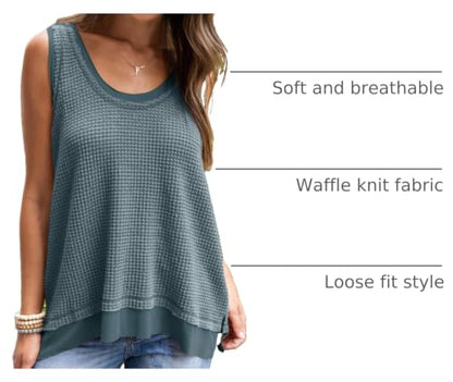 BLENCOT Tank Tops for Women Summer Boho Sleeveless Waffle Knit Shirts - color: Real Teal, size: Large