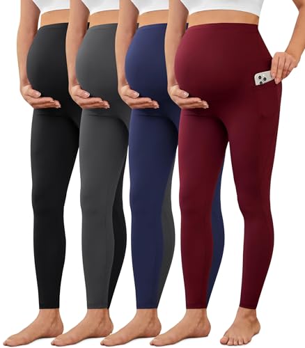 VALANDY Creamlush 2/4 Pack Maternity Leggings with Pockets Over the Belly - color: 4pack - Black/Dark Grey/Navy Blue/Wine Red, size: Large