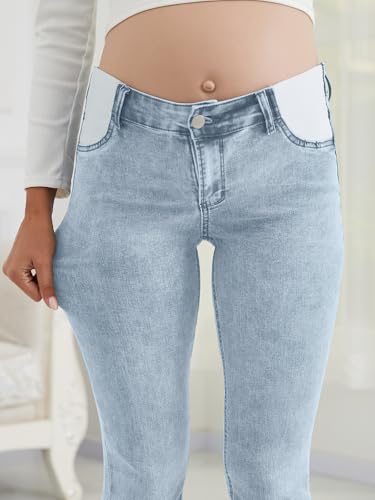 Women's Maternity Jeans Slim Side Stretchy Straight Leg Pregnancy Petite Denim Pants with Pockets - color: Light Blue, size: X-Large