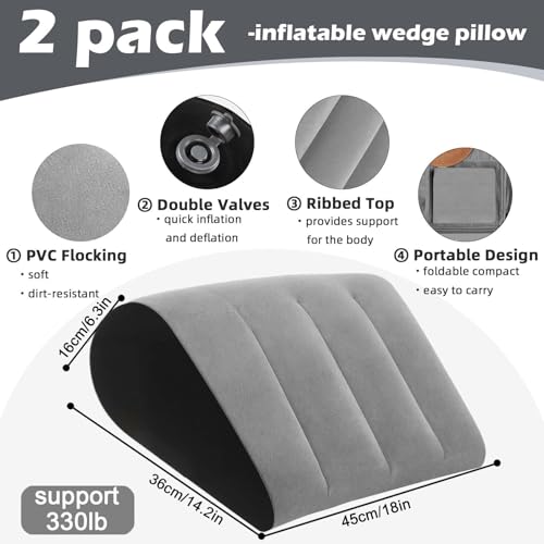 TheClover Portable Inflatable Wedge Pillow Cushion - 2 Pack Body Positioners Foldable Wedge Pillow for Sleeping,Back,Travel,Bed,Leg Elevation with Fast Inflation Deflation(Grey)