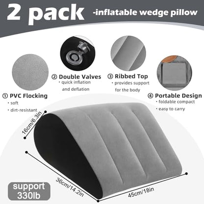 TheClover Portable Inflatable Wedge Pillow Cushion - 2 Pack Body Positioners Foldable Wedge Pillow for Sleeping,Back,Travel,Bed,Leg Elevation with Fast Inflation Deflation(Grey)