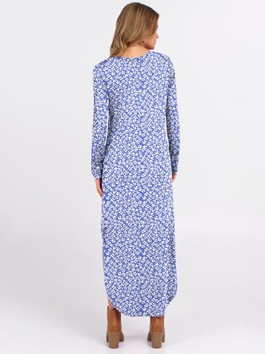 ANRABESS Women's Long Sleeve Fall Maxi T-Shirt Dress with Pockets - color: Floral Blue White, size: Medium