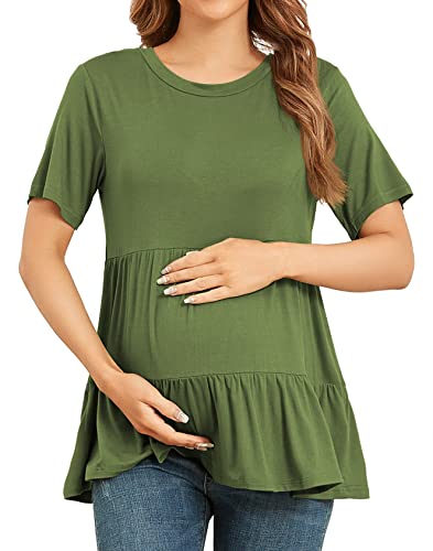Xpenyo Women's Maternity T Shirts Short Sleeve Tiered Basic Casual Pregnancy Top - color: Army Green, size: X-Large