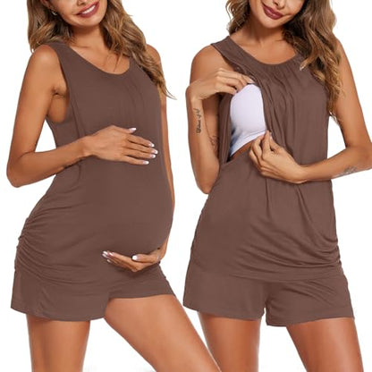 Ekouaer Nursing Pajamas Set Postpartum Tank Tops and Shorts - color: Brown, size: Medium