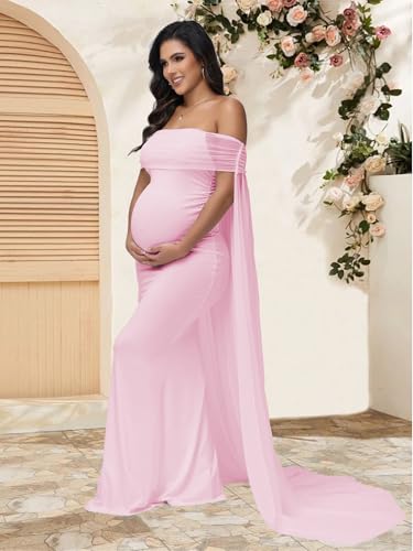 Maternity Mesh Off Shoulder Chiffon Cloak Maxi Photoshoot Dress - color: Pink, size: X-Large