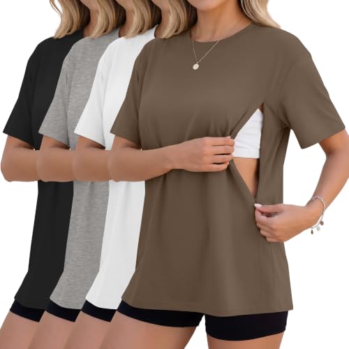 4 Pack Nursing Breastfeeding Shirts - color: Light Brown, White, Gray, Black, size: X-Large