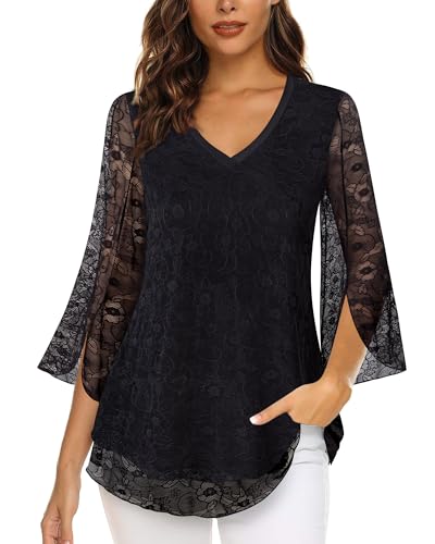 Timeson Women's 3/4 Sleeve Floral Blouses Shirts - color: Black Lace, size: Medium