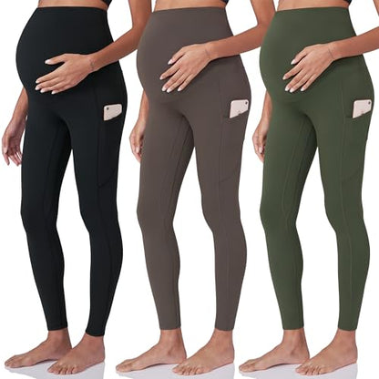 POSHDIVAH 3 Pack Women's Maternity Leggings Yoga Pants with Pockets - color: 3 Pack Black Brown Green, size: Small