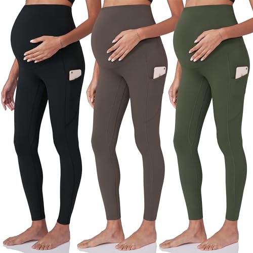POSHDIVAH 3 Pack Women's Maternity Leggings Yoga Pants with Pockets - color: 3 Pack Black Brown Green, size: X-Large