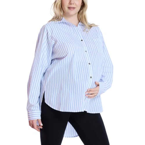 Motherhood Maternity Women's Button Down Poplin Long Sleeve Pregnancy Shirt - color: White Blue Stripe, size: Large
