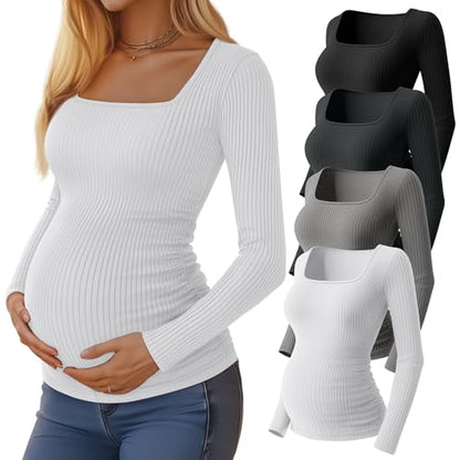 Huukeay 4 Pack Women's Maternity Shirts Ribbed Pregnancy Tops - color: Black, Dark Gray, Light Gray, White, size: Large