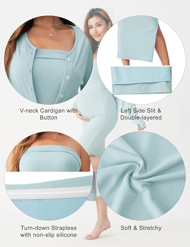 2 Piece Strapless Maternity Dress & Cardigan Set for Baby Shower - color: Light Blue, size: Medium