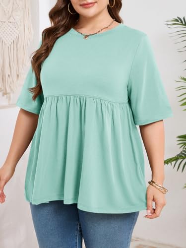 Cicy Bell Womens Babydoll Tops Plus Size Tunic Summer Flowy Peplum Shirts - color: Light Green, size: Medium