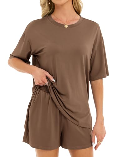 Women's 2 Piece Short Sets Loose Lounge Sets Oversized Summer Matching Sets - color: Coffee, size: Medium