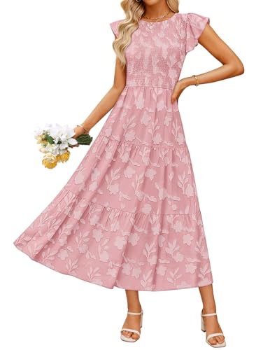 ZESICA Women's Summer Floral Boho Smocked Flowy Maxi Dress - color: Pink, size: Medium