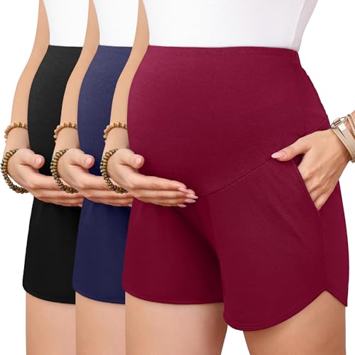3 Pack Women's Maternity Shorts - color: Wine Red, Navy Blue, Black, size: Large