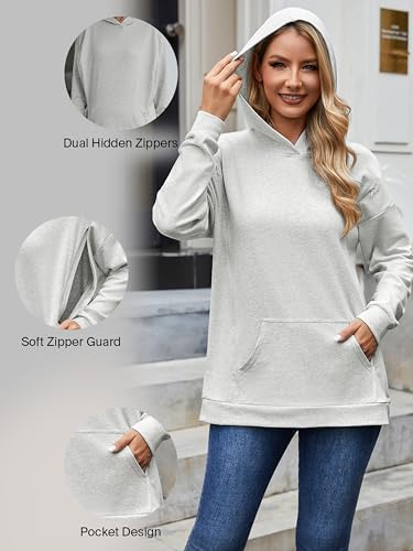 Ecavus Womens Nursing Sweatshirts for Breastfeeding Hidden Zipper Hoodie - color: Light Grey, size: Large