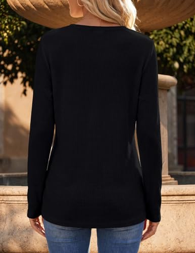 Zeagoo Women's Long Sleeve Waffle Knit Tops 2026 Fall Henley V Neck Shirts - color: Black, size: Large