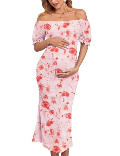 CYCLAMEN Mesh Maternity Dress Cocktail Wedding Guest Baby Shower Pregnancy Shoot Summer Pastel Floral Sparkly - color: Short Sleeves, Pink Floral, size: XX-Large