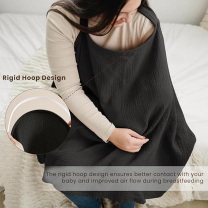 Konssy Muslin Nursing Cover Up for Breastfeeding with Rigid Hoop - color: Black