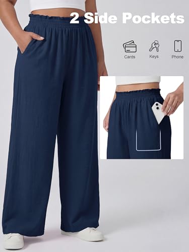 Lastshe Women's Plus Size Wide Leg Pants Elastic High Waist Hide Drawstring Loose Work Pants Palazzo Trousers with Pockets - color: 01 Black, size: 2X