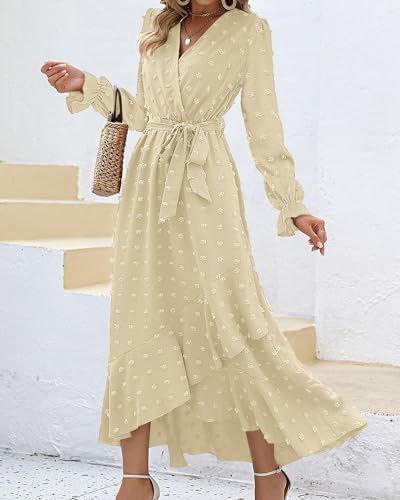 BTFBM Long Sleeve Maxi Dresses for Women Summer - color: Beige, size: Small