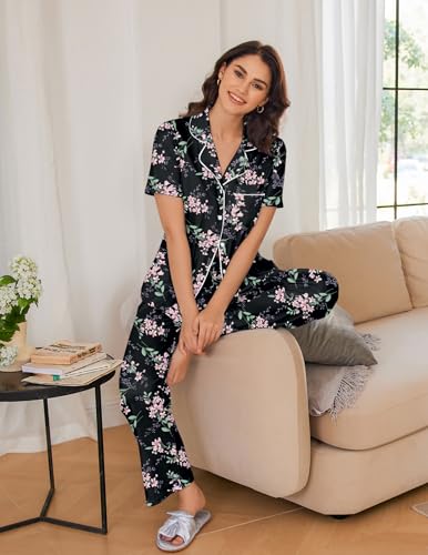 Ekouaer Womens Pajamas Set Short Sleeve Button Down Top & Pants Lounge Pjs - color: Big Black Flowers, size: Medium