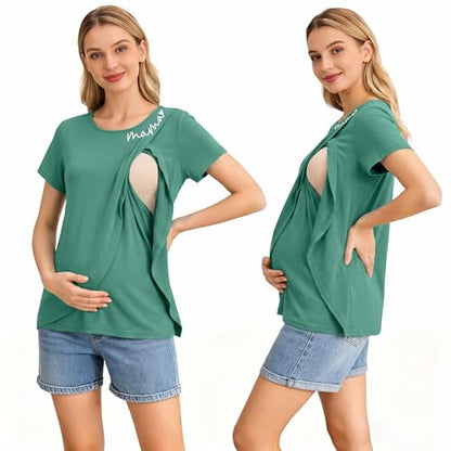 Nursing Breastfeeding Shirt for Women Friendly Double Layer Postpartum Tops - color: Green, size: Small