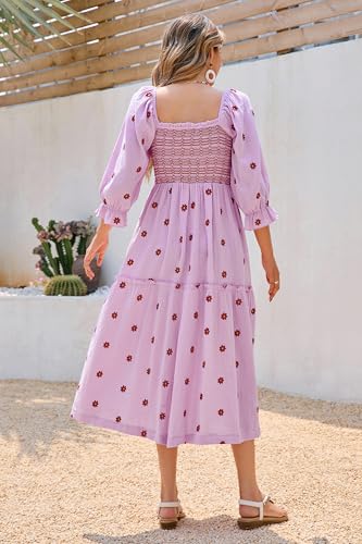 R.Vivimos Women's Cotton Floral Embroidered Boho Midi Dress with Pockets - color: Lightpurple, size: Medium