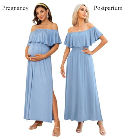 Off Shoulder Ruffle Sleeve Maternity Maxi Dress Side Slit - color: Light Blue, size: Medium