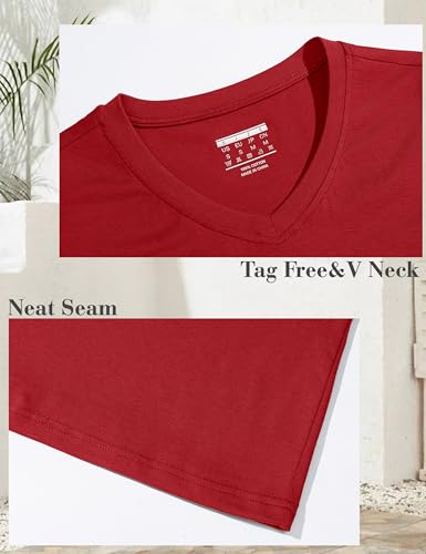 YUCOLEN Womens Shirts Cotton Short Sleeve Tops V Neck Casual Basic Tees - color: A-red, size: Medium