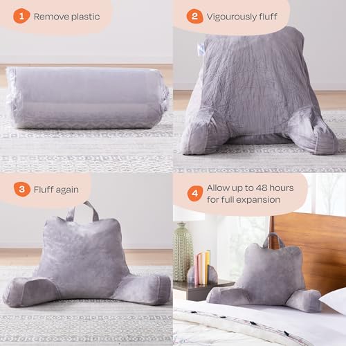 Linenspa Backrest Reading Pillow with Arms — Shredded Foam - color: Stone, size: Standard without Neck Support