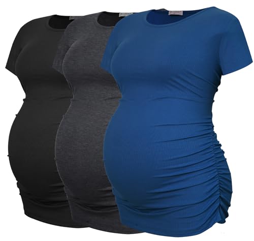 Smallshow Women's Ribbed Ruched Maternity Shirts 3 Packs - color: Black-deep Grey-teal(3 Pack), size: Small