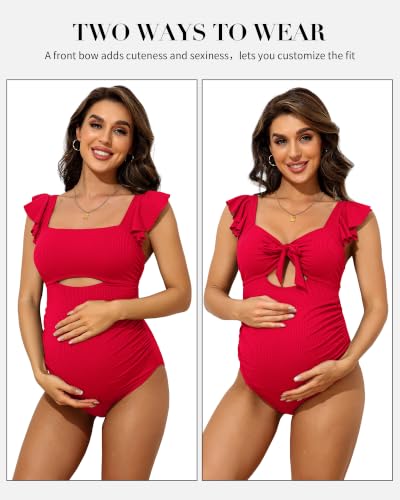 Charmo Ruffle Maternity Bathing Suits Ribbed Tie Knot Pregnancy Swimsuit - color: Bright Red, size: Small