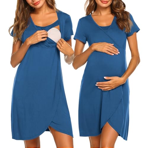 Nursing Nightgown Short Sleeve Breasfeeding Birthing Gown Maternity Dress - color: Blue, size: Medium