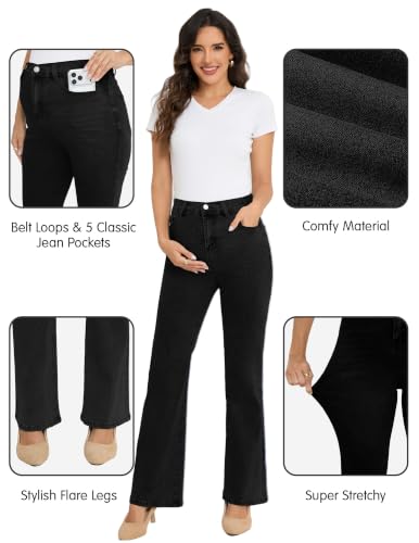 PACBREEZE Women's Maternity Flare Jeans Mid-Rise Stretchy Bell Bootcut Jeans Denim Pregnancy Pants, S-XXL - color: Black, size: Large