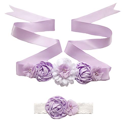 Lauthen.S Maternity Flower Sash Belt Headband Set, Women Girls Wedding Baby Shower Sash - color: Lavender