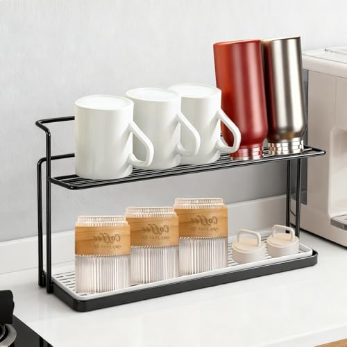 Water Bottle Drying Rack Cup Storage with Drain Tray Mug Organizer for Kitchen - 2 Tiers (Black) - color: Black