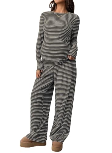 BLENCOT Maternity 2 Piece Outfits Striped Long Sleeve Pregnancy Set - color: Gray, size: Small