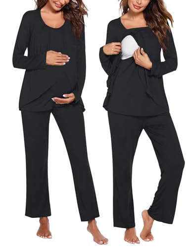 Ekouaer Maternity Nursing Pajama Set Long Sleeve Breastfeeding Sleepwear - color: A Black, size: X-Large