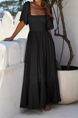 R.Vivimos Women's Summer Square Neck Smocked Slit Maxi Dress - color: Black, size: Medium