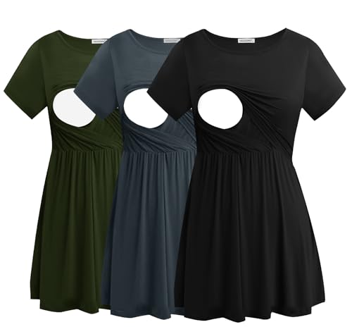 Smallshow Women's Nursing Tops Short Sleeve Breastfeeding Shirt 3 Pack - color: Army Green-black-dark Grey(3 Packs), size: Small