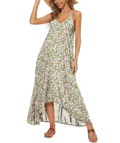 LILBETTER Women V-Neck Polka Dot Print Spaghetti Strap Boho Long Maxi Dresses - color: F Lily Green, size: Medium