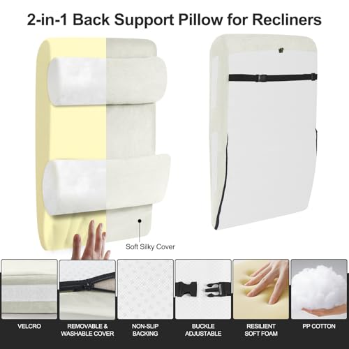 2-in-1 Neck & Lumbar Support Pillow with Adjustable Height and Ergonomic backrest Design, Suitable for recliners, Sofas, high-Back Rocking Chairs, Relieve Back Pressure. (White) - color: White