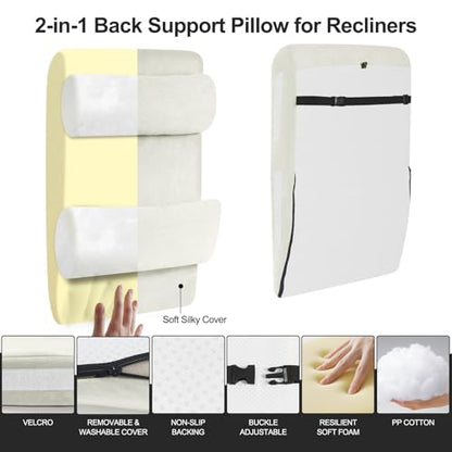 2-in-1 Neck & Lumbar Support Pillow with Adjustable Height and Ergonomic backrest Design, Suitable for recliners, Sofas, high-Back Rocking Chairs, Relieve Back Pressure. (White) - color: White