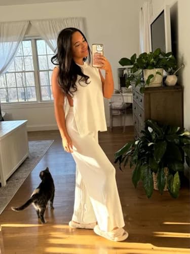Lviefent Womens 2 Piece Outfits Sweater Set Sleeveless Side Slit Pullover Top Knit Wide Leg Pants Lounge Matching Sets - color: Beige, size: X-Small