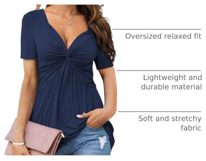 Tankaneo Womens Front Knotted V-Neck Blouse T Shirt Short Sleeve Oversized Tunic Tops Summer Solid Pullover Tees - color: B14-navy Blue, size: Medium