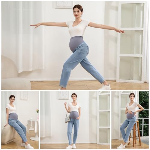 Women's Maternity Jeans Over Belly, Comfy Stretch Boyfriend Jeans, Loose Pregnancy Pants with Pockets - size: X-Large
